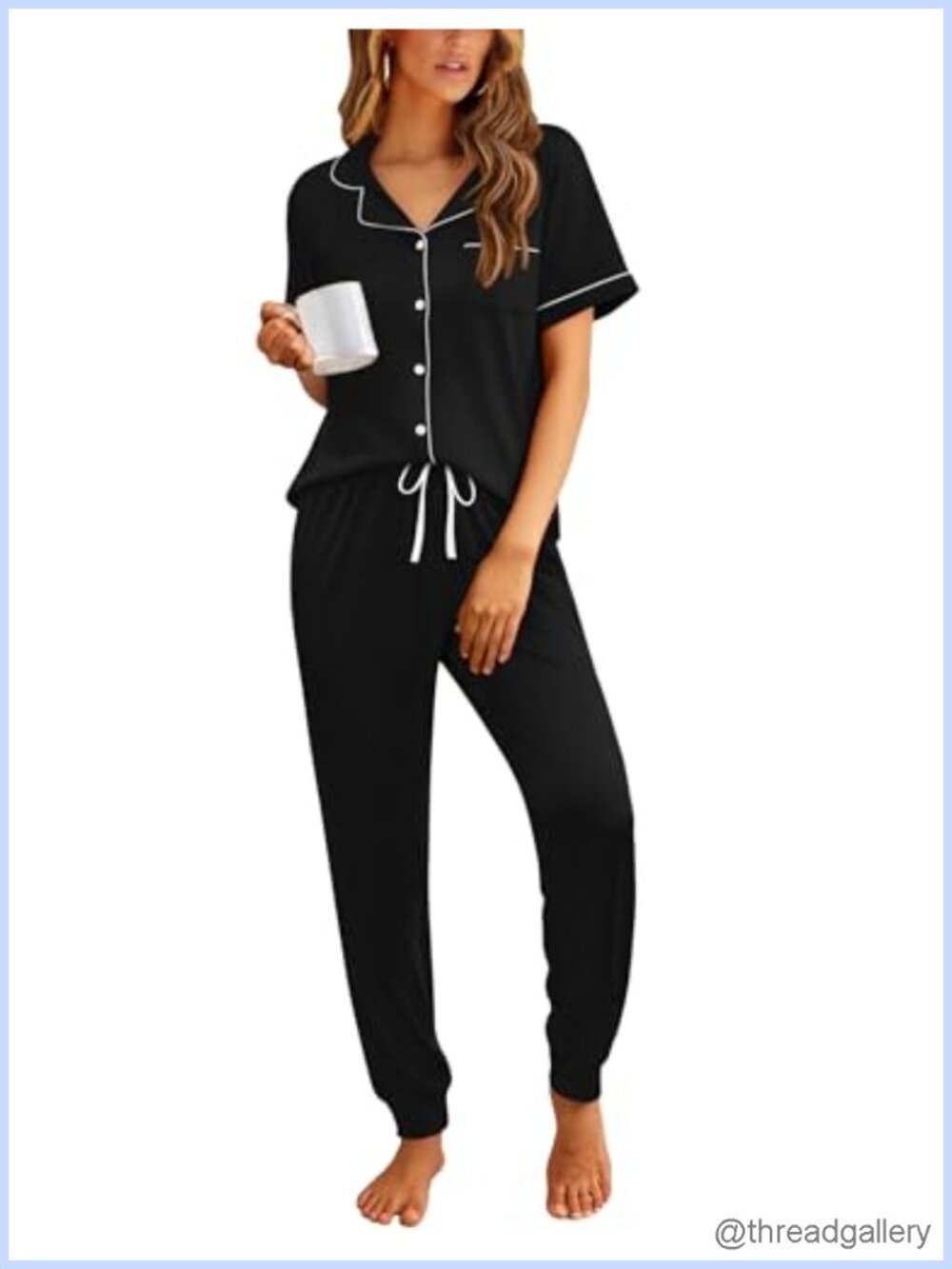 Women Pajama Set Short Sleeve Button Down Top Jogger Pants 2 Piece Sleepwear